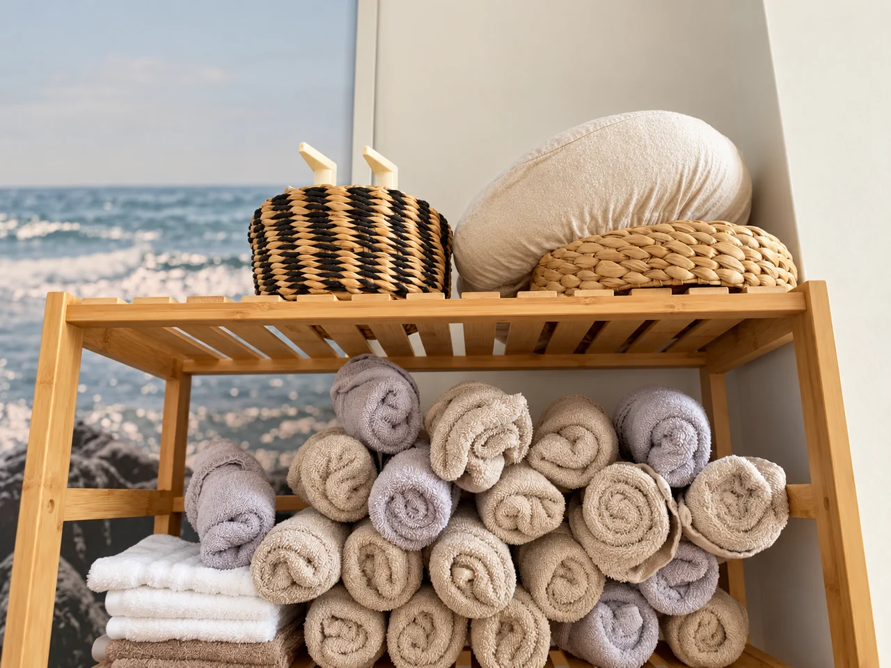 Fresh towels and cushions on Sabai’s wooden shelf